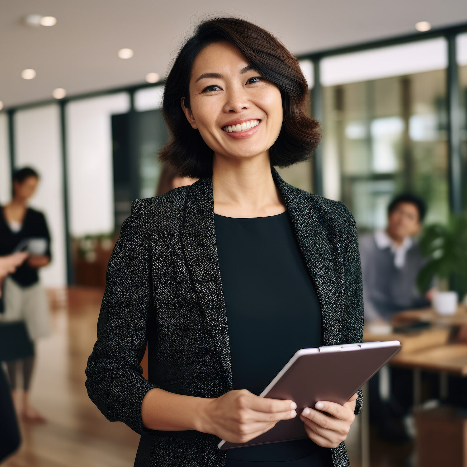 Woman holding tablet computer in front of group of people. This image can be used to illustrate technology, communication, and teamwork.