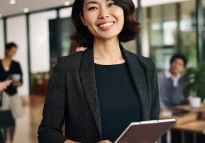 Woman holding tablet computer in front of group of people. This image can be used to illustrate technology, communication, and teamwork.