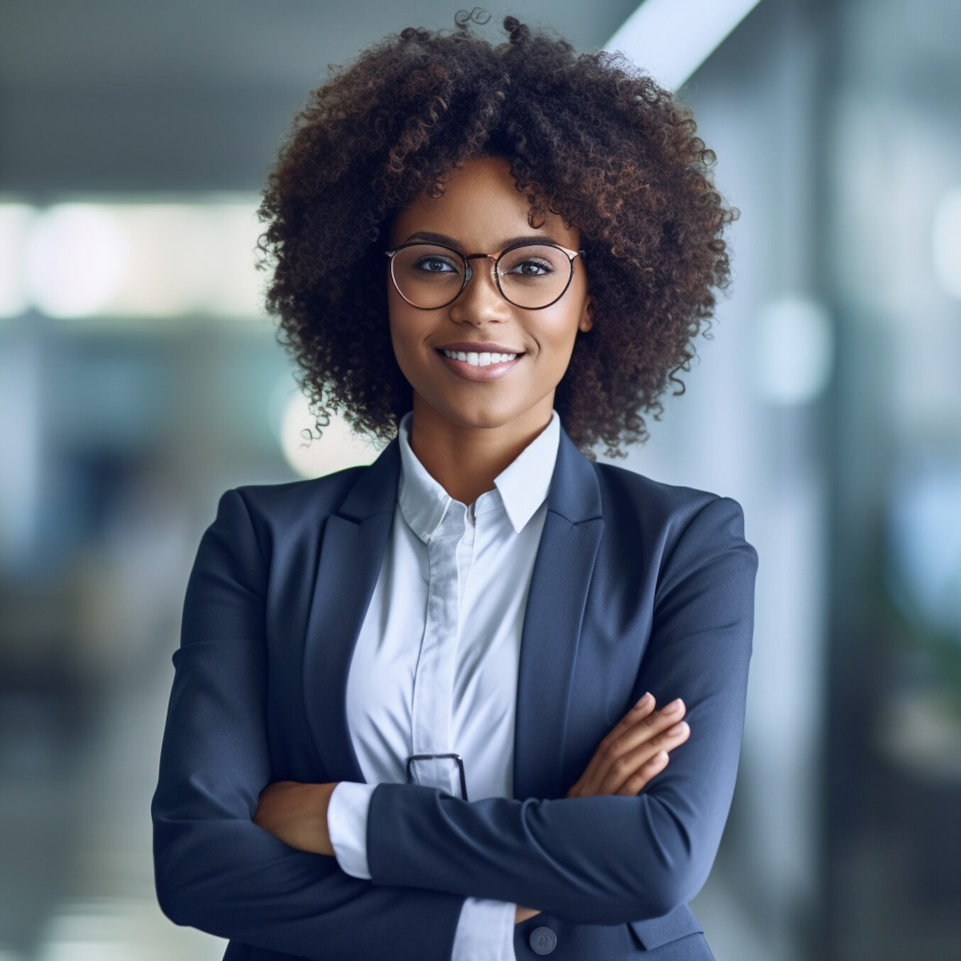 Happy middle aged business afro woman ceo standing in office arms crossed. Smiling mature confident professional executive manager, proud lawyer, businessman leader wearing white suit, created with ai